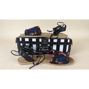 Loly in the sky Luciana Sandals Womens 9 Black Tie Up Strap Pom Pom Shoes NWB